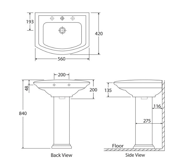560*420*840mm RAK Washington Gloss White Ceramic Rectangle Pedestal Basin