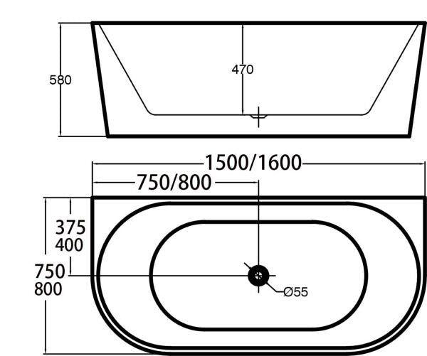 1500/1600*750/800*580mm ABS Dana Gloss White Oval Acrylic Back to Wall Freestanding Bathtub - HD reno