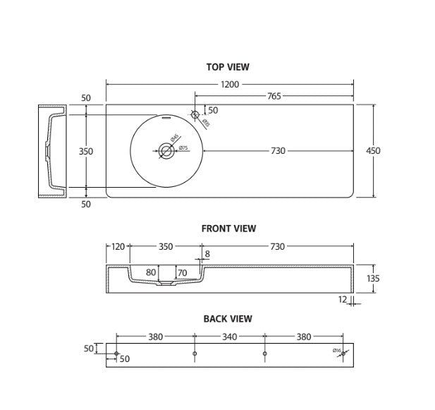 1200*450*135mm Encanto Matte White Cast Stone Rectangle Left-Hand Bowl Wall Hung Basin