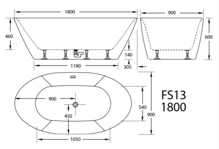 FS13 1800*900*600mm Bath Tub White/Black Acrylic Free Standing oval - HD reno