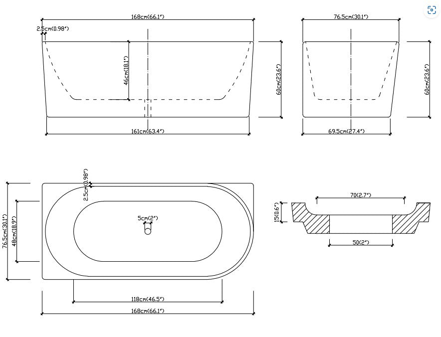 1700*800*600mm/1500*750*600mm White Acrylic Corner Back to Wall Bathtub