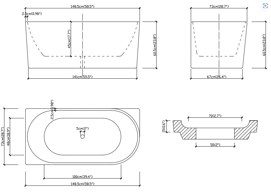 1700*800*600mm/1500*750*600mm White Acrylic Corner Back to Wall Bathtub