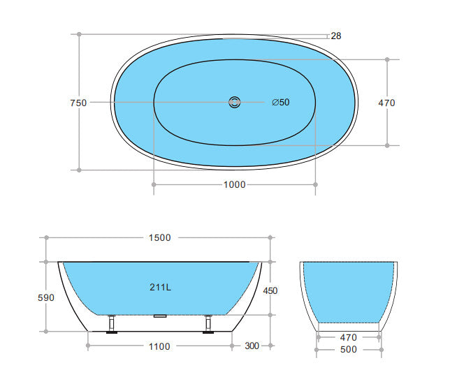 1500-1700*750*590mm Poseidon KBT Gloss White Oval Acrylic Freestanding Bathtub