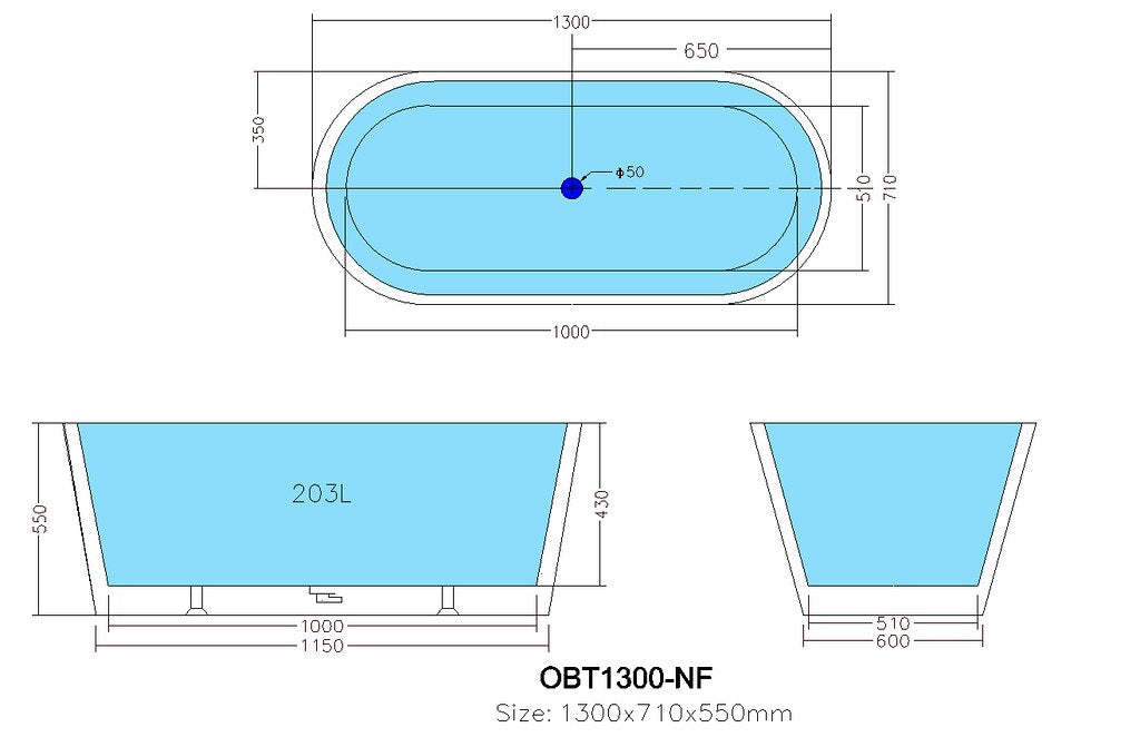 1200-1700*710*550mm Poseidon OBT Gloss White/Gloss Black Oval Acrylic Freestanding Bathtub