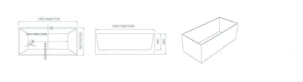 1300-1700*700*590mm Mercio ORTA Multi-Fix Gloss White Rectangle Acrylic Freestanding Bathtub