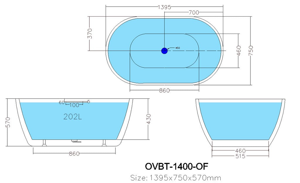1395-1690*750*570mm Poseidon OVBT Gloss White/Matt White Oval Acrylic Freestanding Bathtub