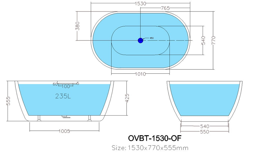 1395-1690*750*570mm Poseidon OVBT Gloss White/Matt White Oval Acrylic Freestanding Bathtub