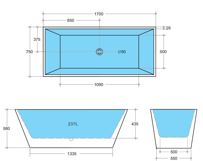 1200-1700*750*580mm Poseidon QBT Gloss White Rectangle Acrylic Freestanding Bathtub