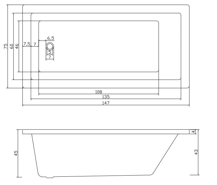 1690*780*450mm Poseidon SB Gloss White Rectangle Acrylic Drop In Bathtub