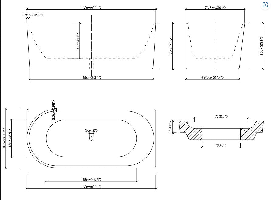 1700*800*600mm/1500*750*600mm White Acrylic Corner Back to Wall Bathtub