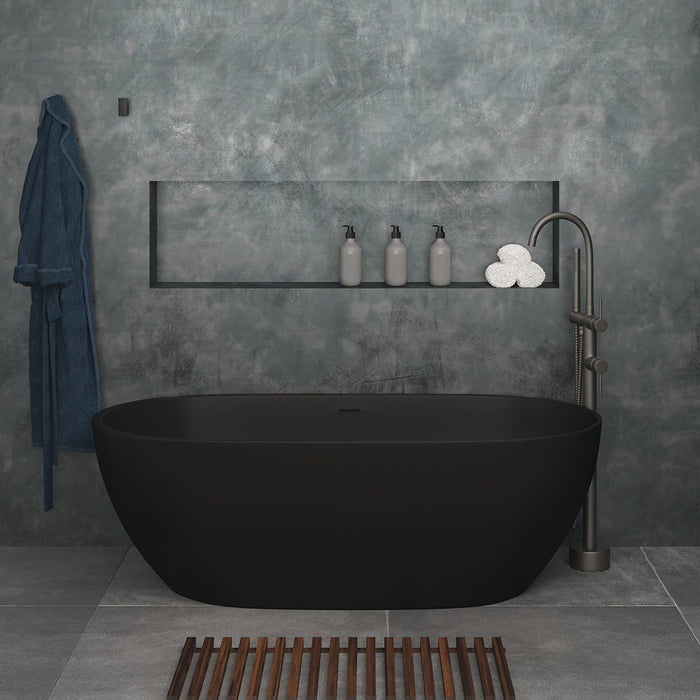 1500/1700*750/800*550mm FIE Luciana Matt Black Oval Cast Stone Solid Surface Freestanding Bathtub With Overflow