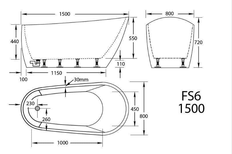FS6 1500/1700*800/720*720mm Bath Tub White/Black Acrylic Free Standing - HD reno