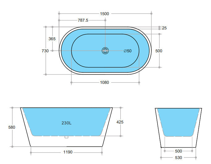 1200-1700*710*550mm Poseidon OBT Gloss White/Gloss Black Oval Acrylic Freestanding Bathtub