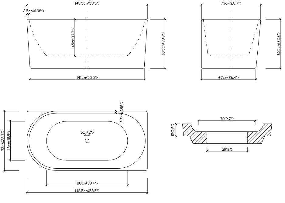 1700*800*600mm/1500*750*600mm White Acrylic Corner Back to Wall Bathtub