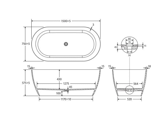 1500/1700*750/800*575mm FIE Kaya Matt White Oval Lightweight Resin Freestanding Stone Bathtub