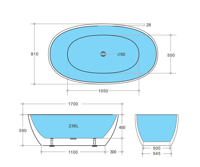 1500-1700*750*590mm Poseidon KBT Gloss White Oval Acrylic Freestanding Bathtub