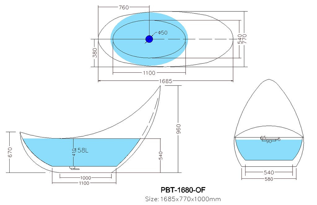 1490-1685*770*1000mm Poseidon PBT Gloss White/Matt White Special Shape Acrylic Freestanding Bathtub