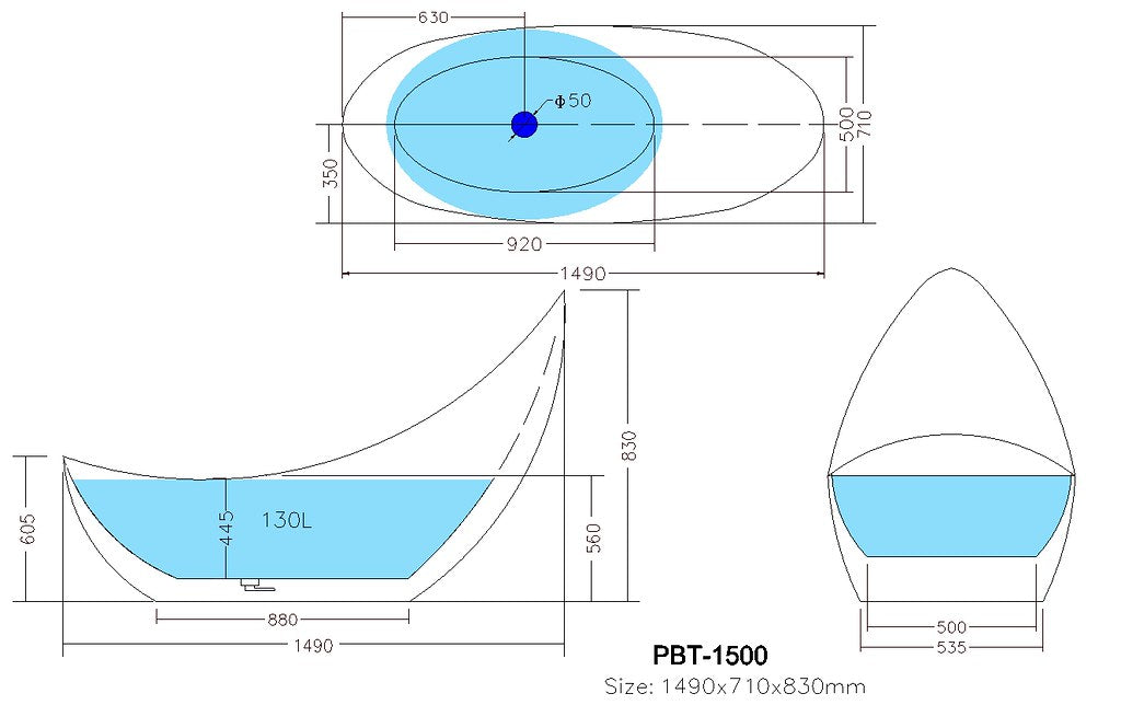 1490-1685*770*1000mm Poseidon PBT Gloss White/Matt White Special Shape Acrylic Freestanding Bathtub