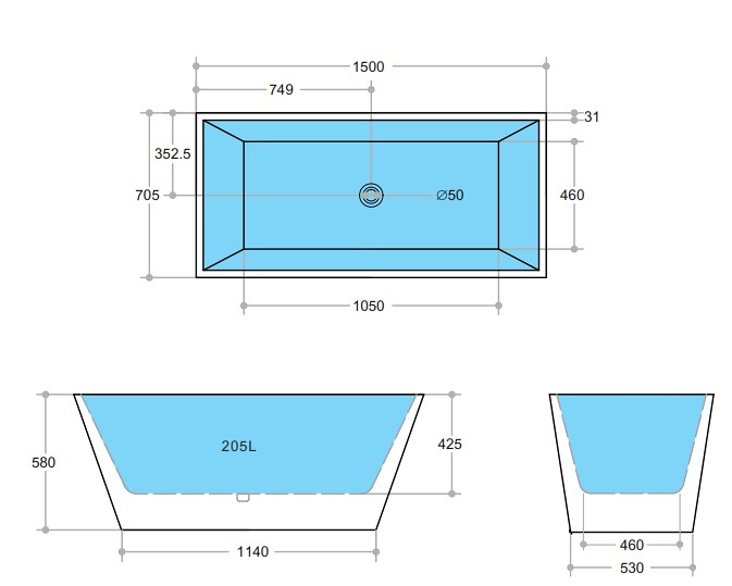 1200-1700*750*580mm Poseidon QBT Gloss White Rectangle Acrylic Freestanding Bathtub