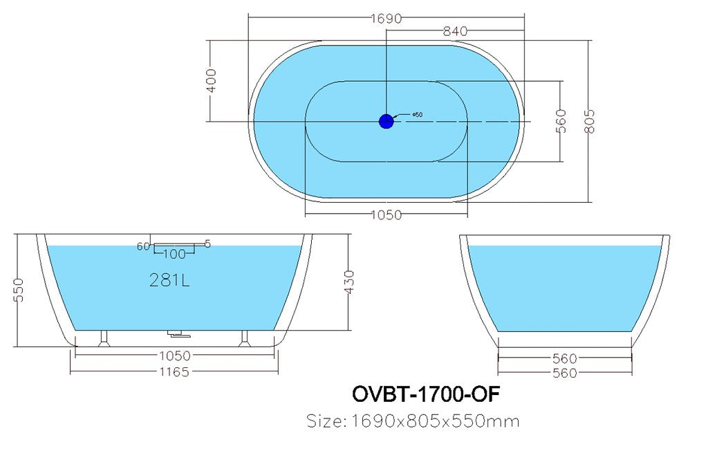 1395-1690*750*570mm Poseidon OVBT Gloss White/Matt White Oval Acrylic Freestanding Bathtub