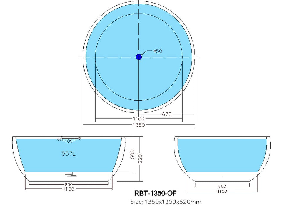 1350*1350*620mm Poseidon RBT Gloss White Round Acrylic With Overflow Freestanding Bathtub