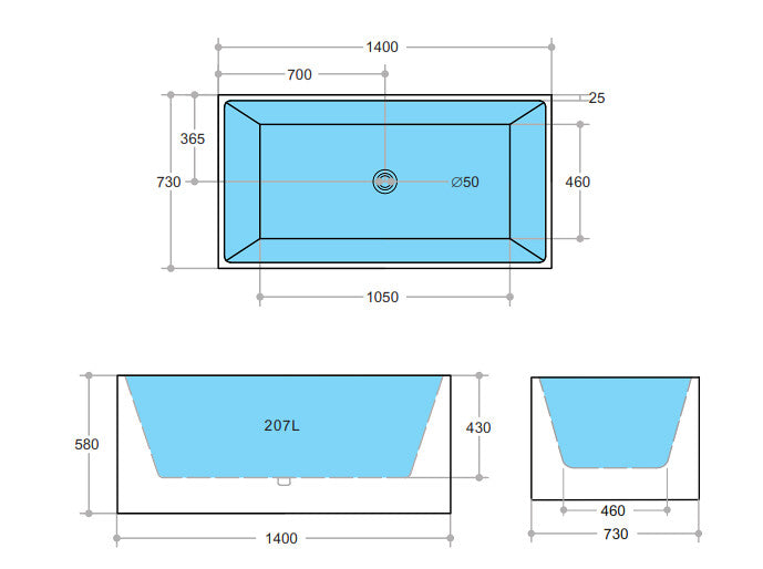 1000-1700*680*580mm Poseidon THBT Gloss White/Matt White Rectangle Acrylic Freestanding Bathtub