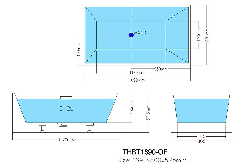 1000-1700*680*580mm Poseidon THBT Gloss White/Matt White Rectangle Acrylic Freestanding Bathtub