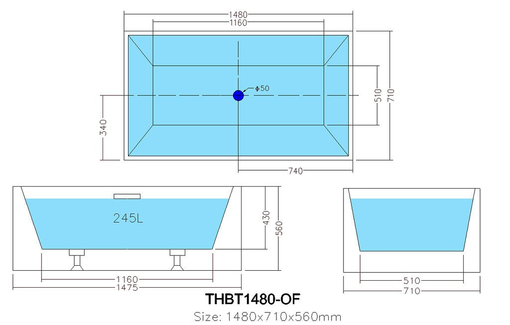 1000-1700*680*580mm Poseidon THBT Gloss White/Matt White Rectangle Acrylic Freestanding Bathtub