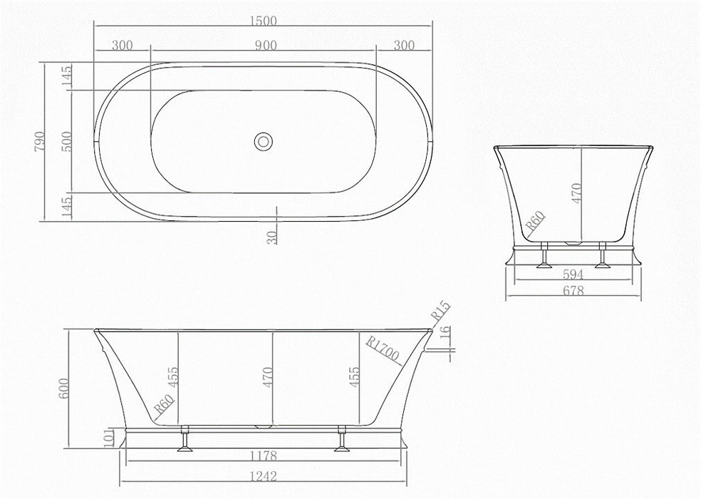 1500-1700*790*600mm Cee Jay Hamptons Gloss White Oval Acrylic Freestanding Bathtub - HD reno