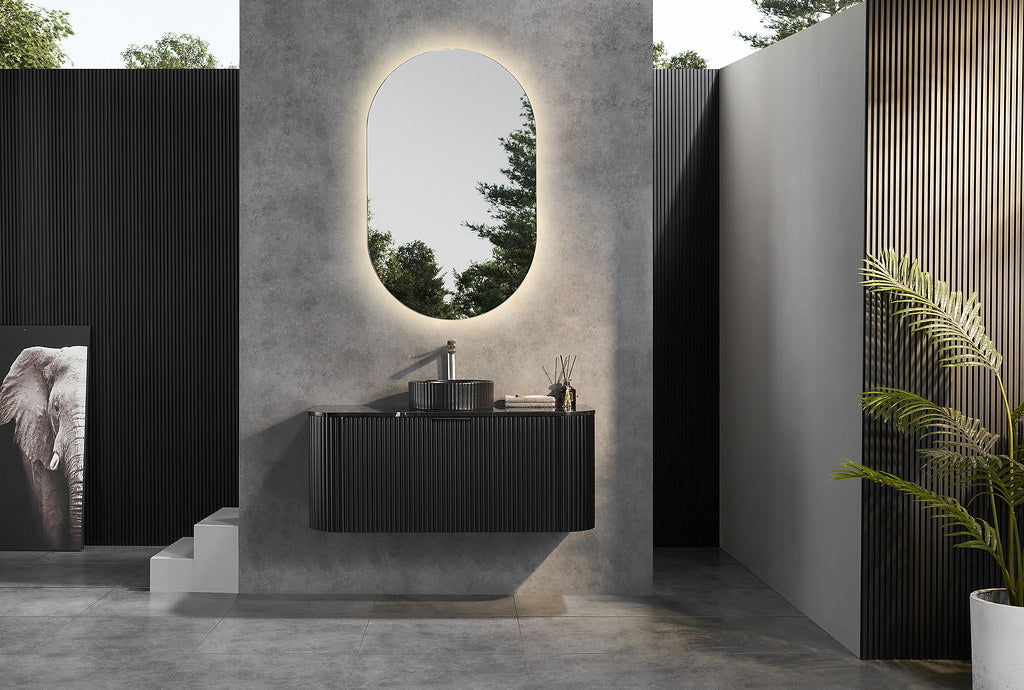 600-1800*500*470mm POS CETO Avalon PVC Constructed Matte Black Curve Fluted Bathroom Cabinet Wall Hung Vanity
