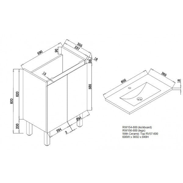 Slimline 600-900W*360mm Bathroom Vanity Freestanding With Kickboard & Basin Ceramic Top Finger Pull