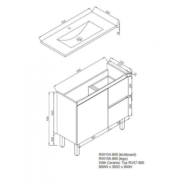 Slimline 600-900W*360mm Bathroom Vanity Freestanding With Kickboard & Basin Ceramic Top Finger Pull