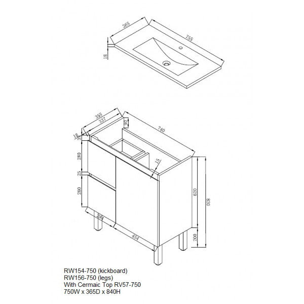 Slimline 600-900W*360mm Bathroom Vanity Freestanding With Kickboard & Basin Ceramic Top Finger Pull