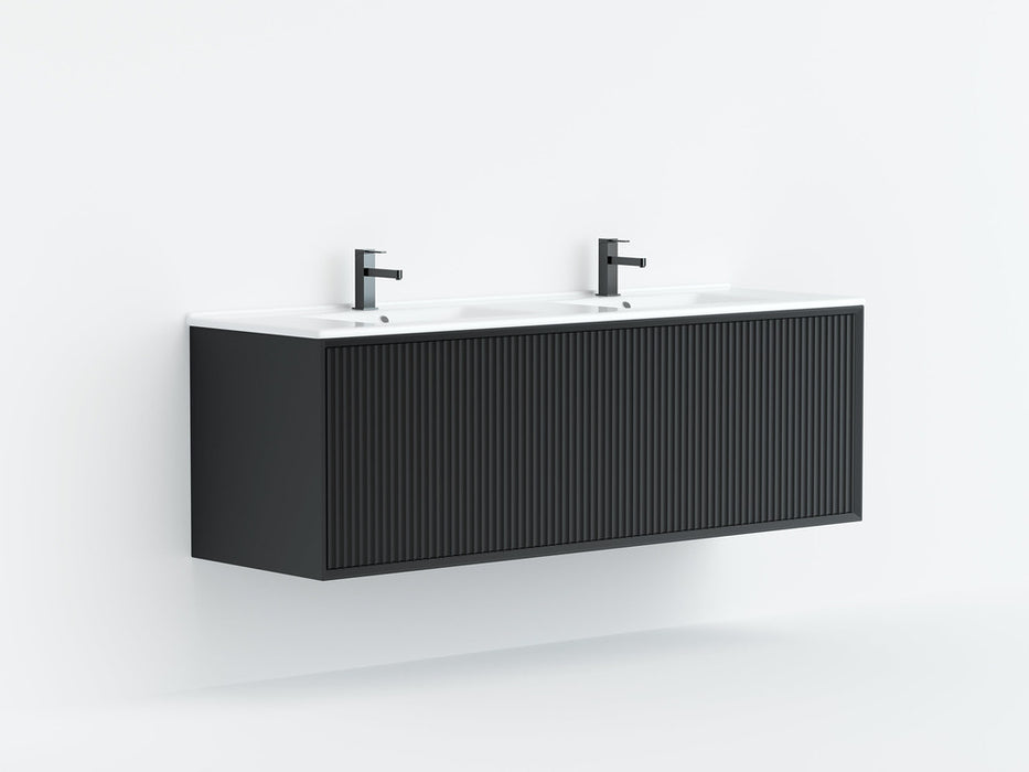 600-1500*460*500mm POS CETO Kirribilli Matte Black PVC Constructed Fluted Bathroom Cabinet Wall Hung Vanity