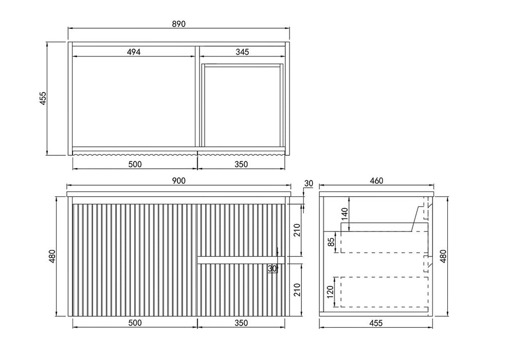 600-1500*450*500mm POS CETO Brindabella Matte White PVC Constructed Fluted Bathroom Cabinet Wall Hung Vanity