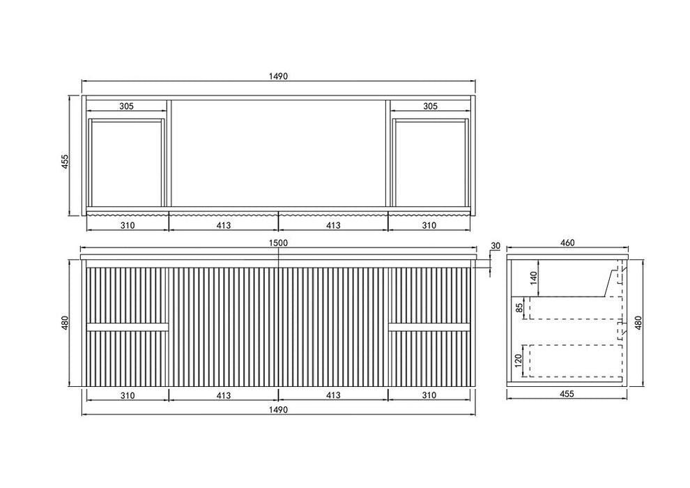 600-1500*450*500mm POS CETO Brindabella Matte White PVC Constructed Fluted Bathroom Cabinet Wall Hung Vanity
