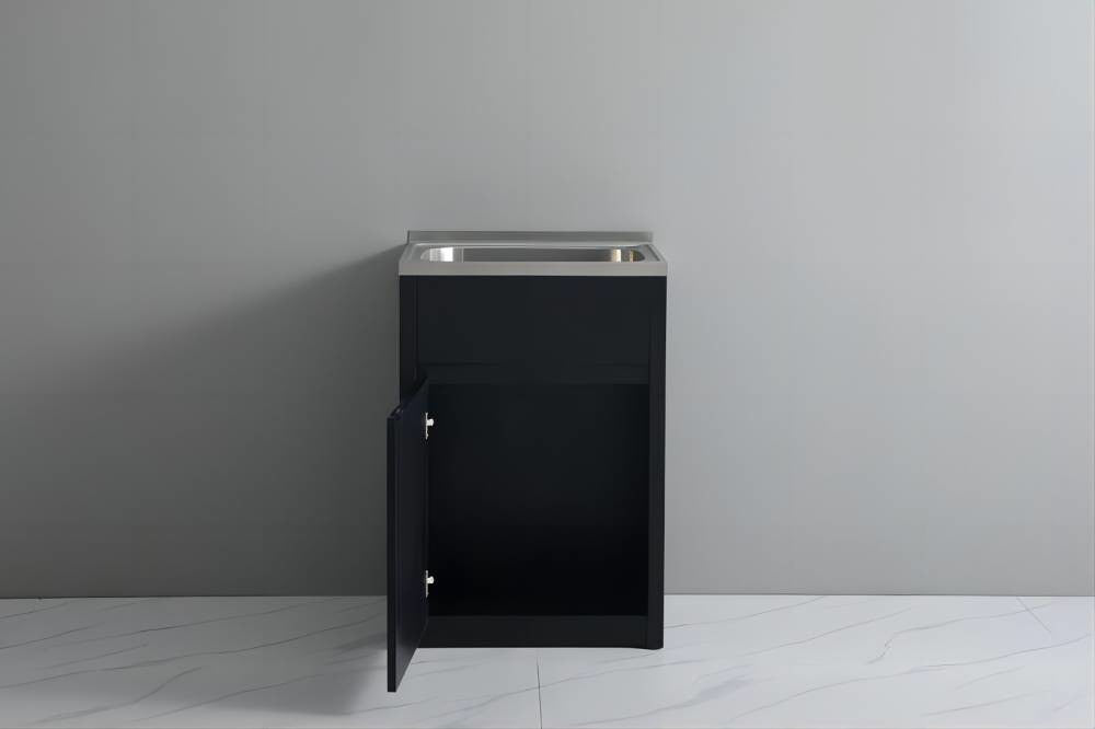 597*495*890mm 45 Litres 304 Stainless Steel Sink With PVC Matt Black Laundry Tub Cabinet