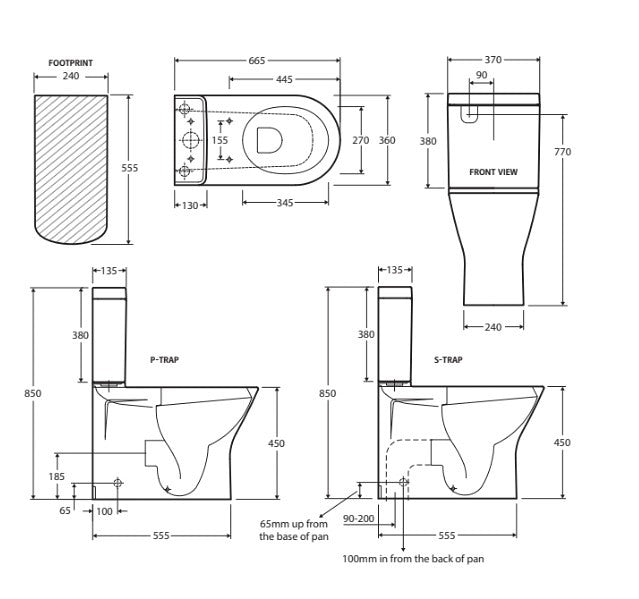 665*370*850mm Fienza RAK Resort Rimless Gloss White Ceramic Top Inlet Back To Wall Toilet