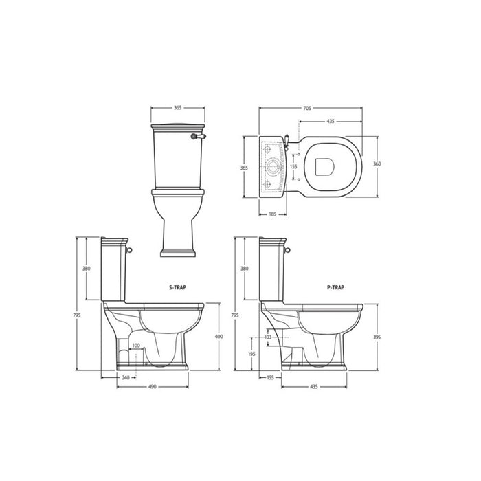 705*365*795mm Fienza Washington Front Lever Alpine White P-Trap Box Rim Close-Coupled Toilet