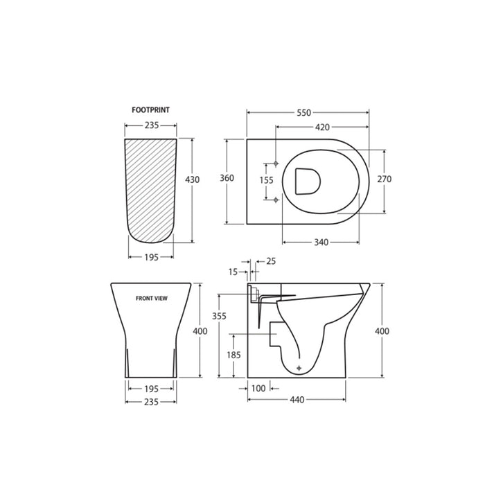 550*360*400mm Fienza RAK Resort Rimless Gloss White Wall Faced Toilet