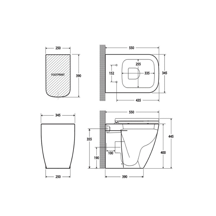 550*345*445mm Fienza RAK Caroline Gloss White Rimless Wall Faced Toilet