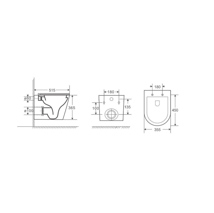 515*355*365mm Unicasa Berlin66 High Gloss White Ceramic Rimless Tornado Wall Hung Pan