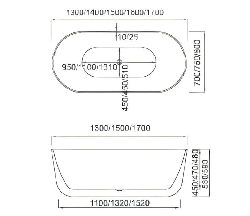 1300-1700*700*590mm Mercio ISEO Ultra-Slim Gloss White/Black Oval Acrylic Freestanding Bathtub