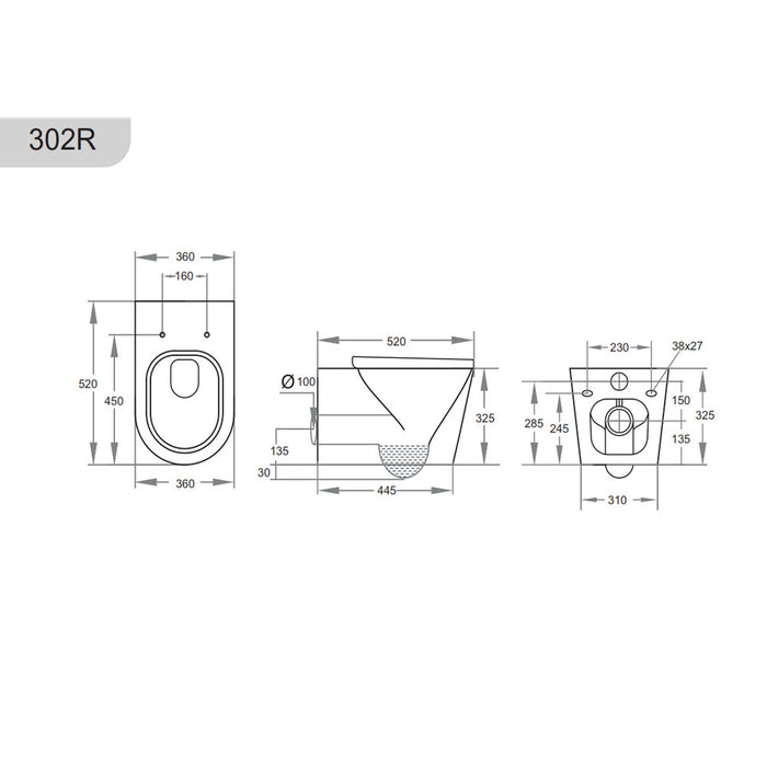 520*360*325mm Poseidon Avis Matt Black Rimless Wall Hung Pan