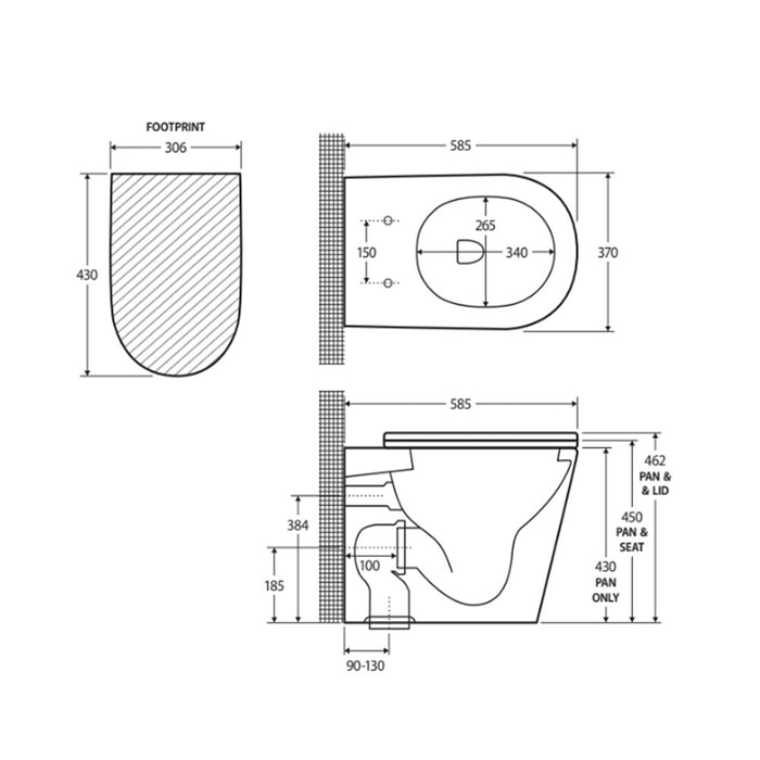 585*370*462mm Fienza Aluca Gloss White Tornado Wall Faced Toilet