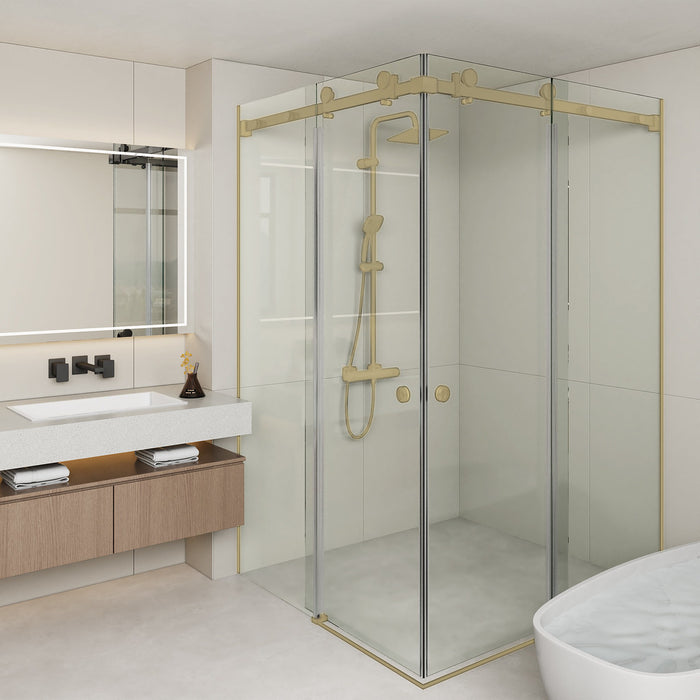 870-1300x2000mm Double Sliding Frameless Light Gold Stainless Steel Square Handle 10mm Glass Shower Screen - HD reno