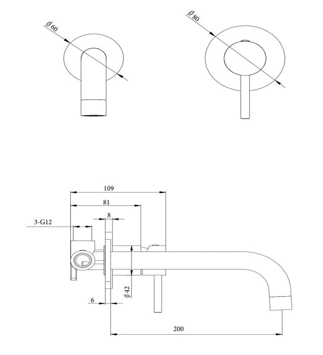 180mm Bella LVB Mica Living Brass Round Wall Basin/Bath Mixer/Cruved Wall-Spout Combo-2P - HD reno