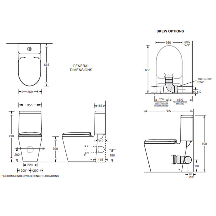 665*360*790mm Johnson Suisse Space Solution Gloss White Ceramic Close Coupled Skew Toilet - HD reno