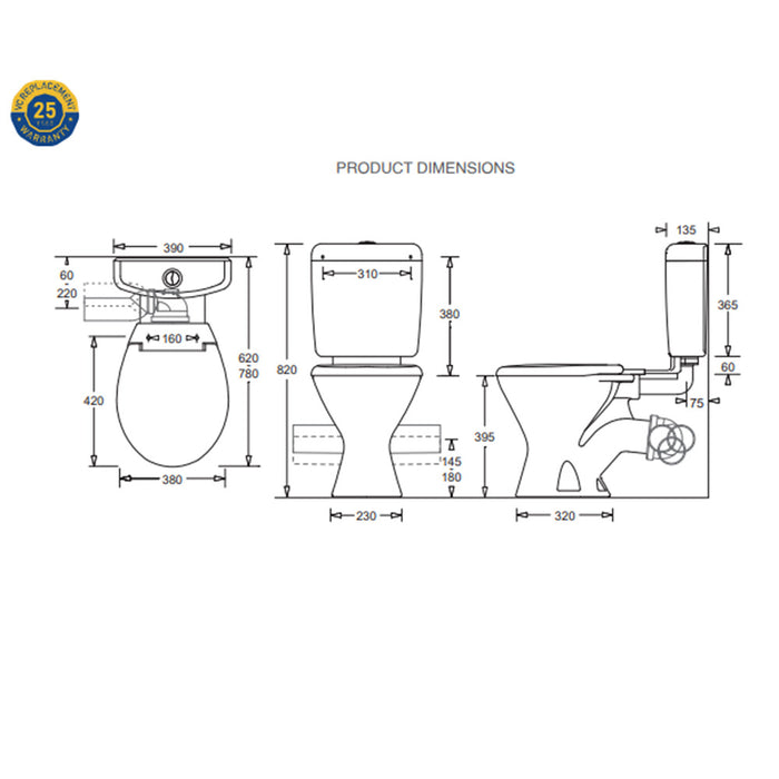 780*390*820mm Johnson Suisse Mode II Gloss White Plastic Cistern - Skew Ceramic Skew Toilet - HD reno