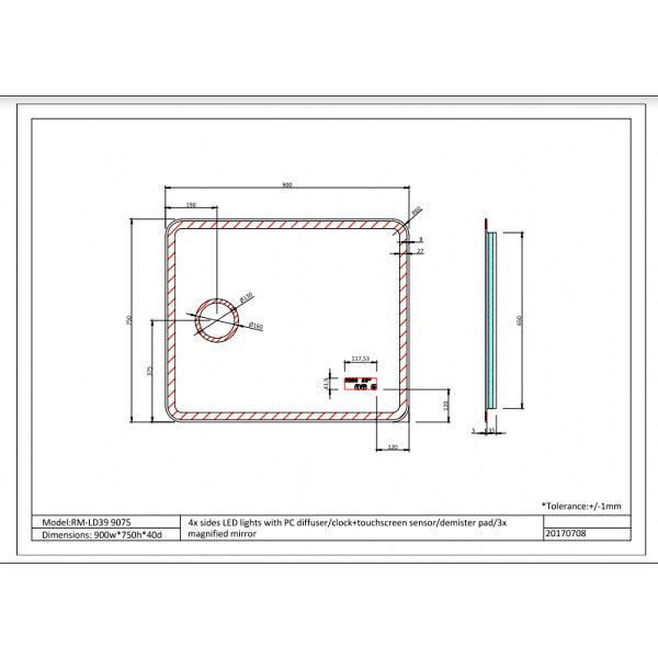 900-1500*800*40mm Sima Frameless Glass Copper-free Rectangle with Clock & Temperature LED Mirror